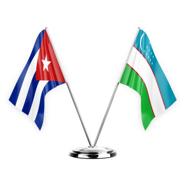 Two table flags isolated on white background 3d illustration, cuba and uzbekistan