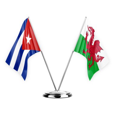 Two table flags isolated on white background 3d illustration, cuba and wales