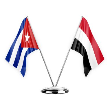 Two table flags isolated on white background 3d illustration, cuba and yemen
