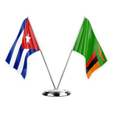 Two table flags isolated on white background 3d illustration, cuba and zambia