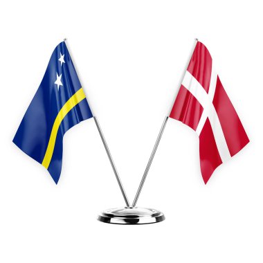 Two table flags isolated on white background 3d illustration, curacao and denmark