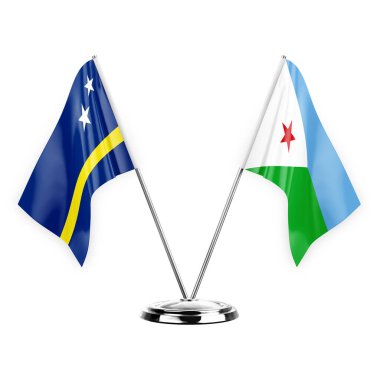 Two table flags isolated on white background 3d illustration, curacao and djibouti