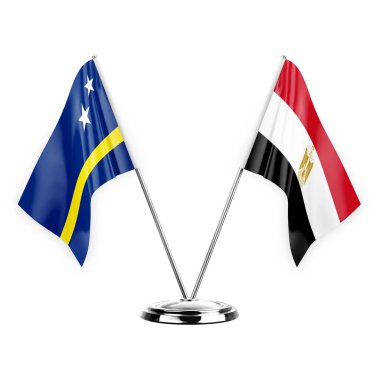 Two table flags isolated on white background 3d illustration, curacao and egypt