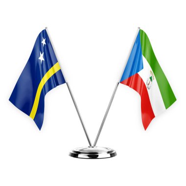 Two table flags isolated on white background 3d illustration, curacao and equatorial guinea