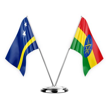Two table flags isolated on white background 3d illustration, curacao and ethiopia