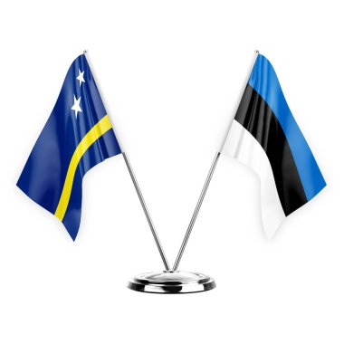 Two table flags isolated on white background 3d illustration, curacao and estonia