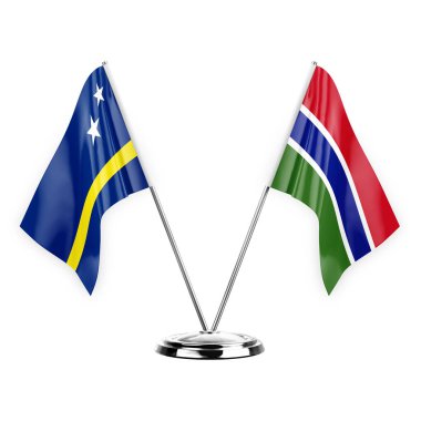 Two table flags isolated on white background 3d illustration, curacao and gambia