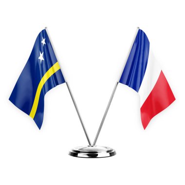 Two table flags isolated on white background 3d illustration, curacao and france