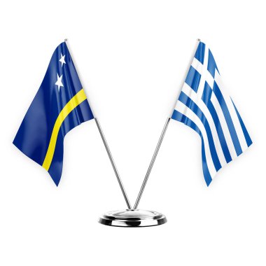 Two table flags isolated on white background 3d illustration, curacao and greece