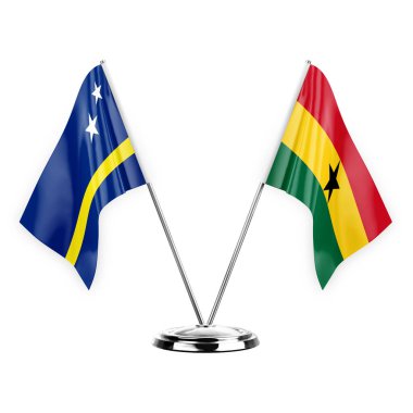 Two table flags isolated on white background 3d illustration, curacao and ghana