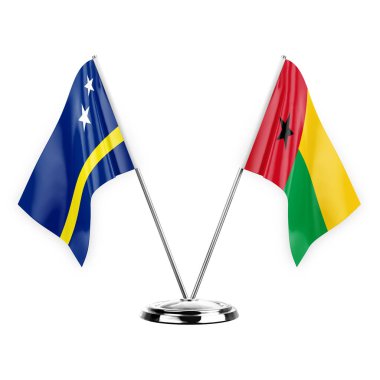 Two table flags isolated on white background 3d illustration, curacao and guinea-bissau