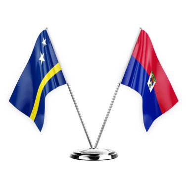 Two table flags isolated on white background 3d illustration, curacao and haiti