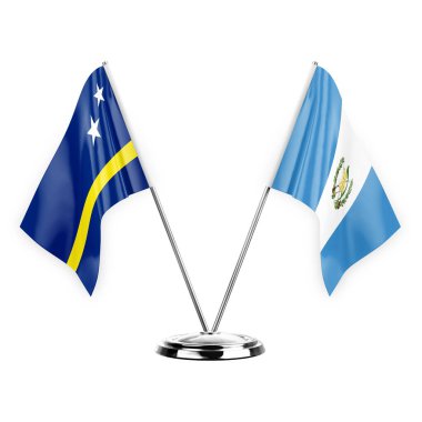 Two table flags isolated on white background 3d illustration, curacao and guatemala
