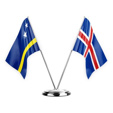 Two table flags isolated on white background 3d illustration, curacao and iceland