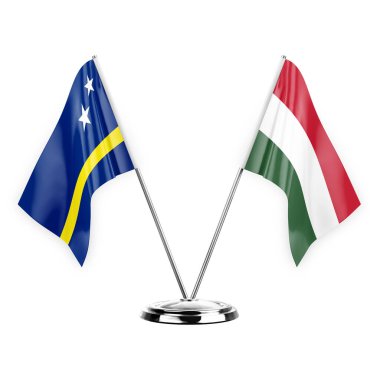 Two table flags isolated on white background 3d illustration, curacao and hungary