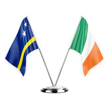 Two table flags isolated on white background 3d illustration, curacao and ireland