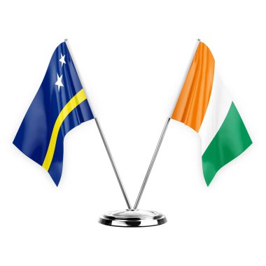 Two table flags isolated on white background 3d illustration, curacao and ivory coast