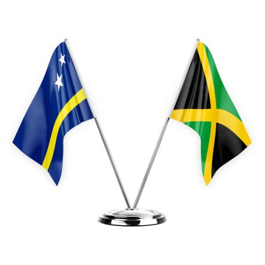 Two table flags isolated on white background 3d illustration, curacao and jamaica