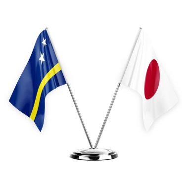 Two table flags isolated on white background 3d illustration, curacao and japan