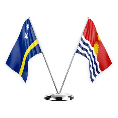 Two table flags isolated on white background 3d illustration, curacao and kiribati