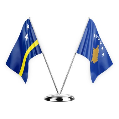 Two table flags isolated on white background 3d illustration, curacao and kosovo