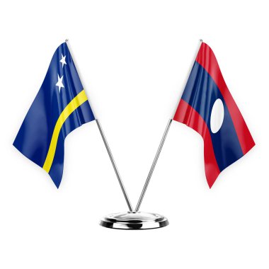 Two table flags isolated on white background 3d illustration, curacao and laos