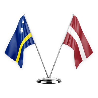 Two table flags isolated on white background 3d illustration, curacao and latvia