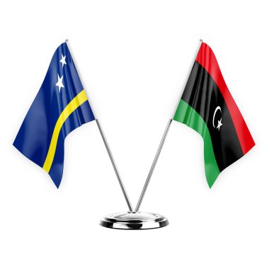 Two table flags isolated on white background 3d illustration, curacao and libya