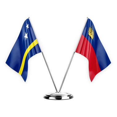 Two table flags isolated on white background 3d illustration, curacao and liechtenstein
