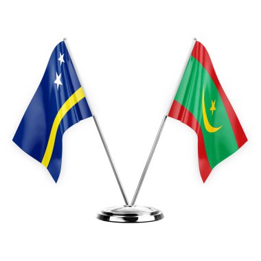 Two table flags isolated on white background 3d illustration, curacao and mauritania