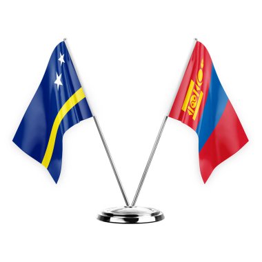 Two table flags isolated on white background 3d illustration, curacao and mongolia