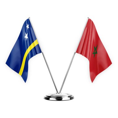 Two table flags isolated on white background 3d illustration, curacao and morocco