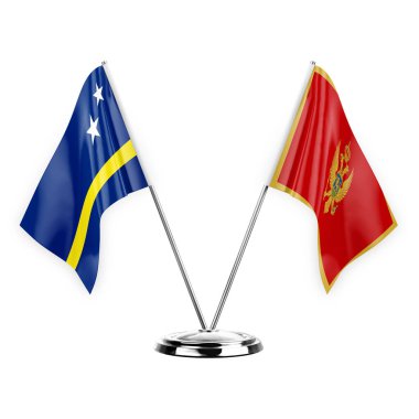 Two table flags isolated on white background 3d illustration, curacao and montenegro