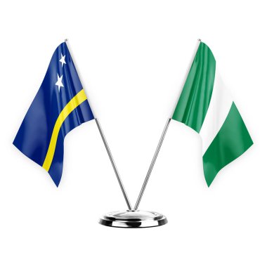 Two table flags isolated on white background 3d illustration, curacao and nigeria