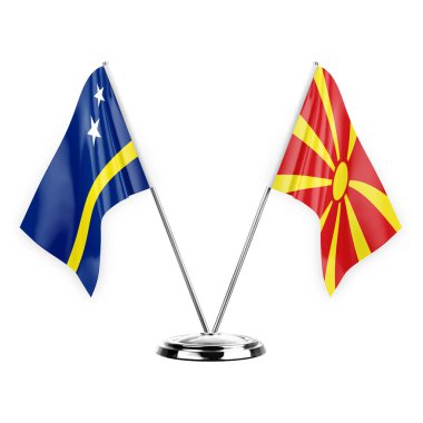 Two table flags isolated on white background 3d illustration, curacao and north macedonia