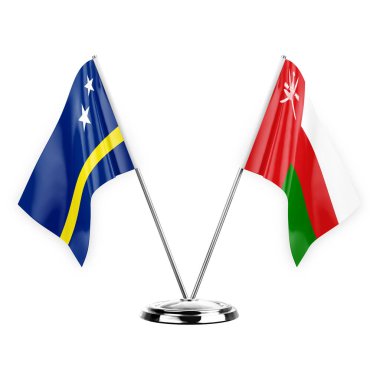 Two table flags isolated on white background 3d illustration, curacao and oman
