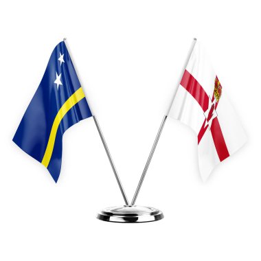Two table flags isolated on white background 3d illustration, curacao and ireland