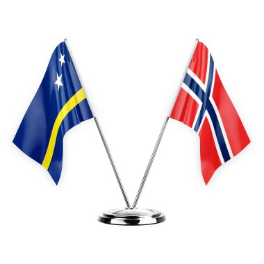 Two table flags isolated on white background 3d illustration, curacao and norway