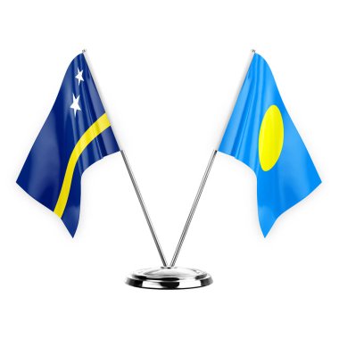 Two table flags isolated on white background 3d illustration, curacao and palau