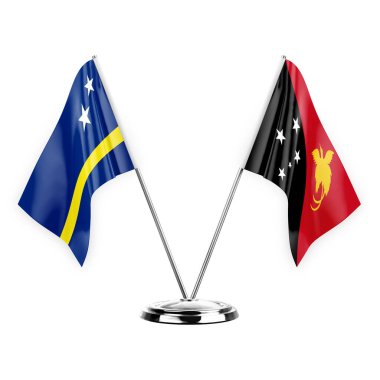 Two table flags isolated on white background 3d illustration, curacao and papua new guinea