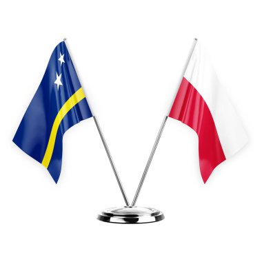 Two table flags isolated on white background 3d illustration, curacao and poland
