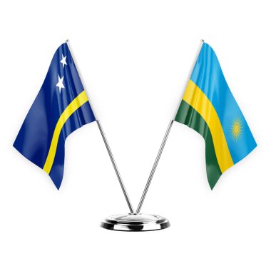 Two table flags isolated on white background 3d illustration, curacao and rwanda