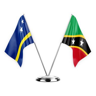 Two table flags isolated on white background 3d illustration, curacao and saint kitts and venis