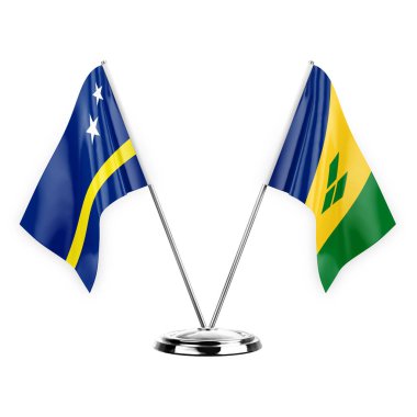 Two table flags isolated on white background 3d illustration, curacao and saint vincent and the grenadines