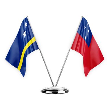 Two table flags isolated on white background 3d illustration, curacao and samoa