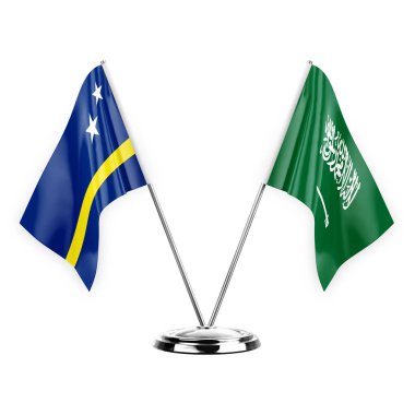 Two table flags isolated on white background 3d illustration, curacao and saudi arabia