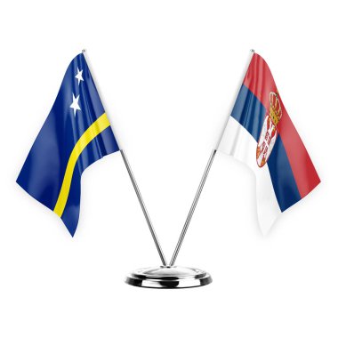 Two table flags isolated on white background 3d illustration, curacao and serbia