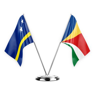 Two table flags isolated on white background 3d illustration, curacao and seychelles