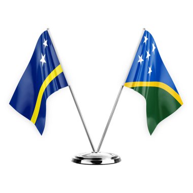 Two table flags isolated on white background 3d illustration, curacao and solomon islands