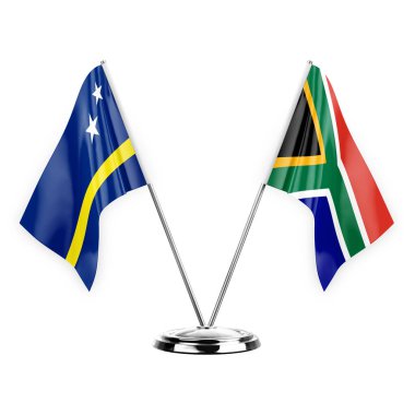 Two table flags isolated on white background 3d illustration, curacao and south africa